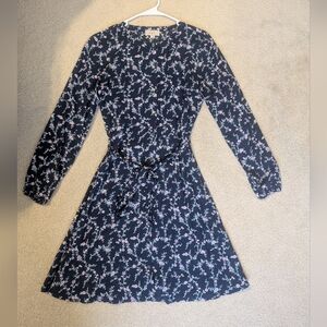 LOFT Navy Floral With Pink And Mint Green Long Sleeve Button Down Belted Dress